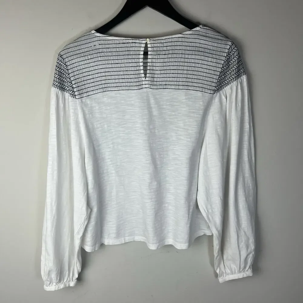 Anthropologie Aiden Textured Striped Top White Size M Balloon Puff Sleeve
